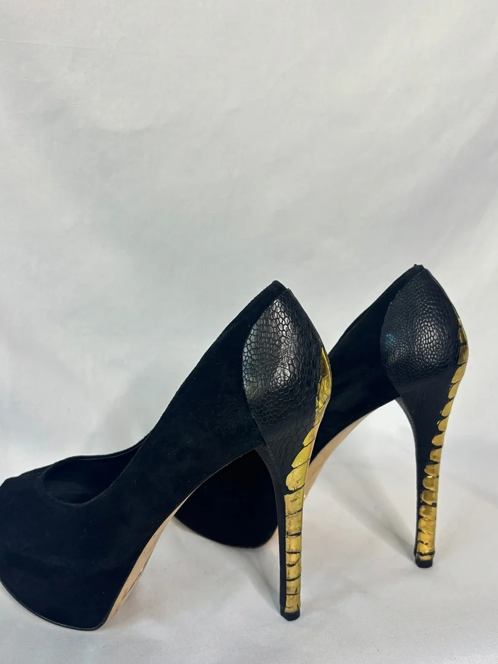 Brian Atwood suede‎ platform stiletto heels with black and gold statement detail